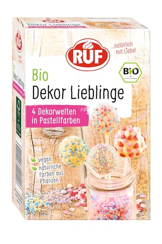RUF Bio Dekor-Mix, 4 Sorten bunte Back-Dekoration mit Zucker-Streuseln, Zucker-Perlen & Zucker-Herzen, ohne künstliche Farbstoffe, vegan, 140g