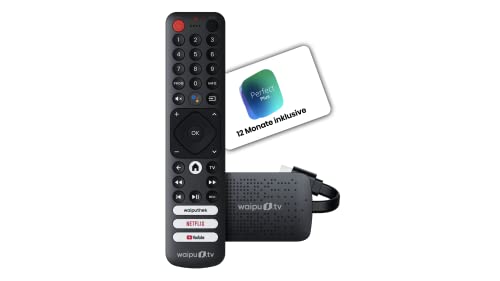 waipu.tv 4K Stick + 12 Monate Perfect Plus | TV-Kombi | Fernsehen über WLAN | Fernbedienung mit Schnellwahltasten (mit TV-Steuerungstasten) | HDMI | 4K | HDR