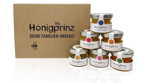 Honigprinz 28 g Honiggläser 6er Set - Familien-Imkerei - 100% Deutscher Honig - Probierset/Geschenk Set - Ideal zum Verschenken
